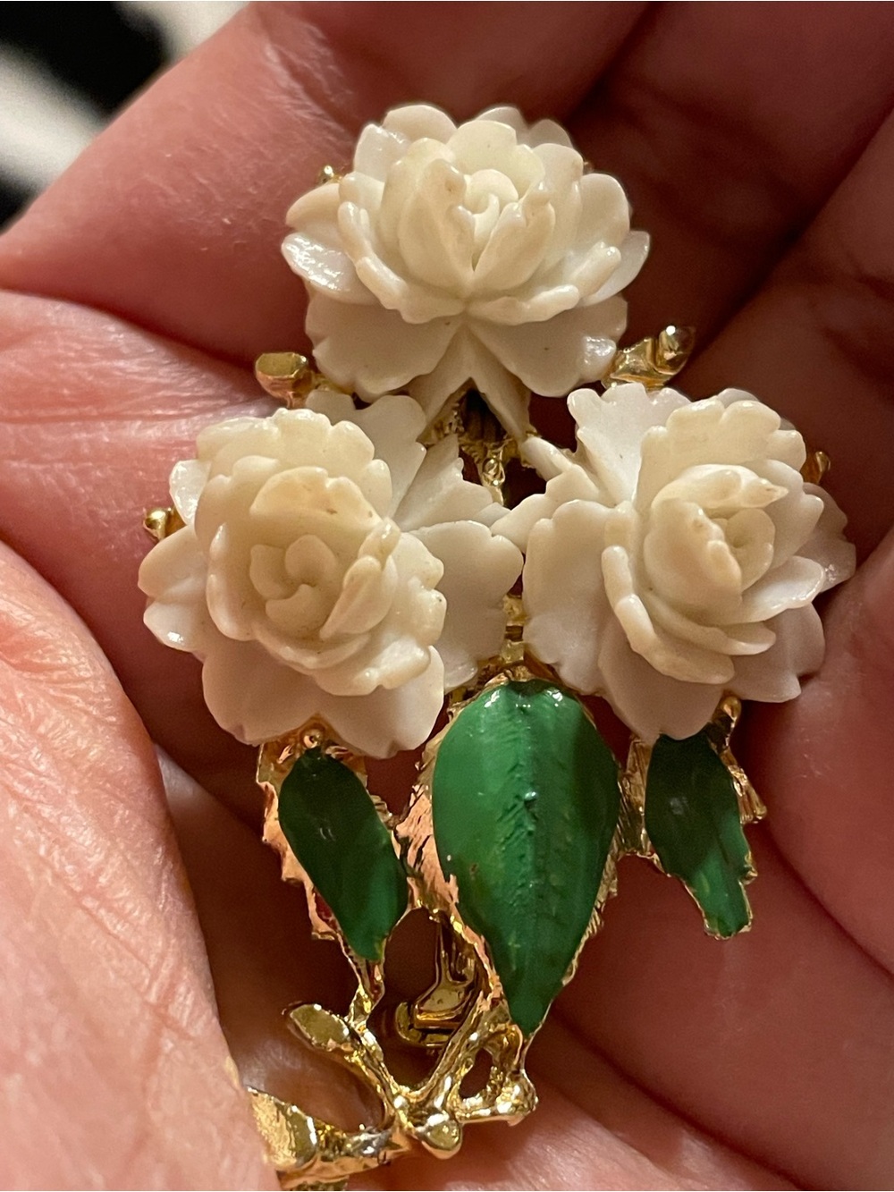 Gold Floral Brooch with Cream Roses and Green Leaves